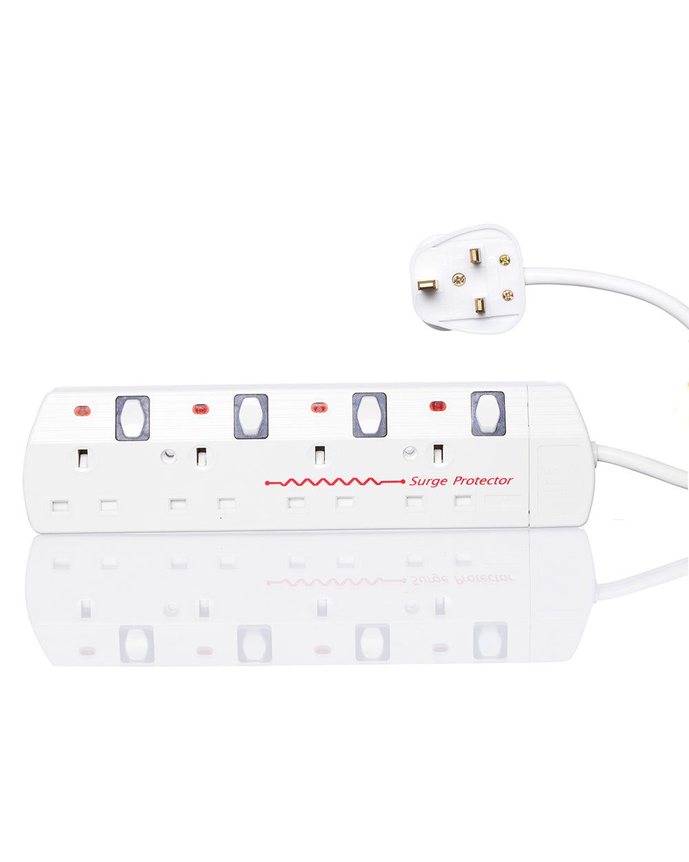 White surge protector with multiple outlets on a white background