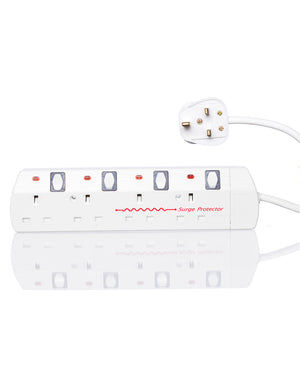 White surge protector with multiple outlets on a white background