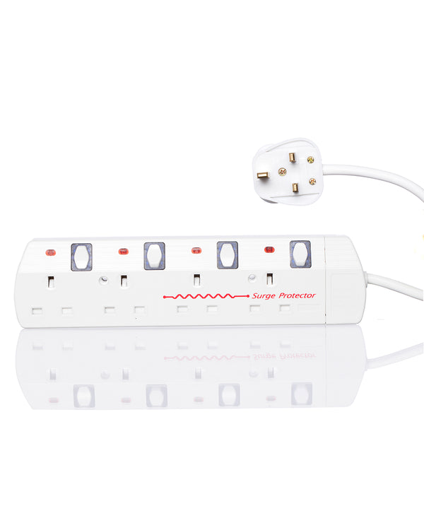White surge protector with multiple outlets on a white background