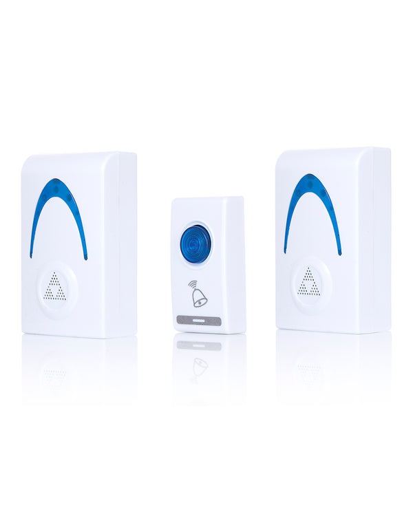 Set of three white electronic devices with blue accents on a white background