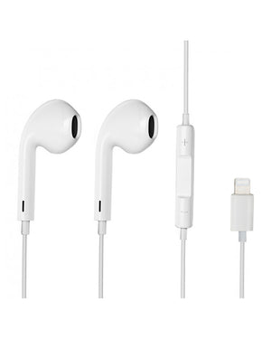 White earphones with a lightning connector on a white background