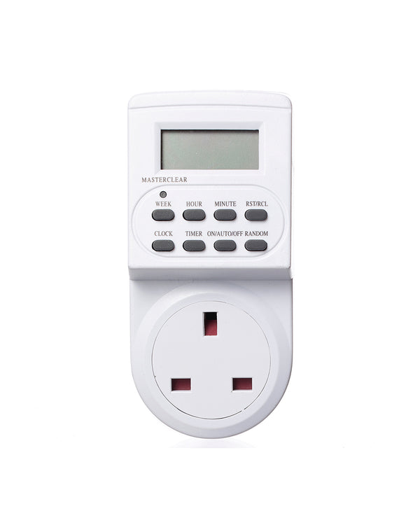 White electronic timer switch on a white background