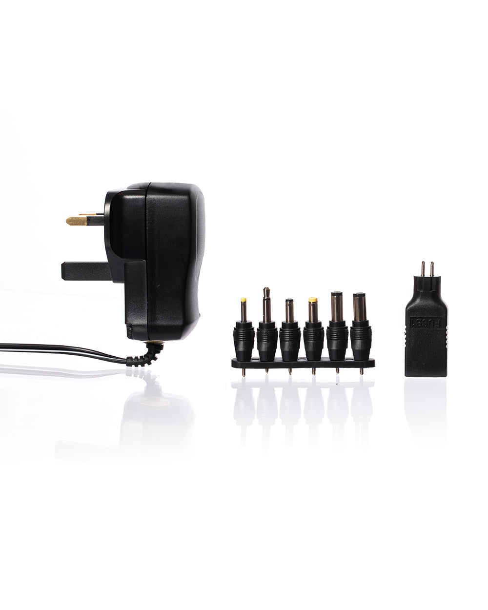 Black power adapter with multiple plug heads on a white background