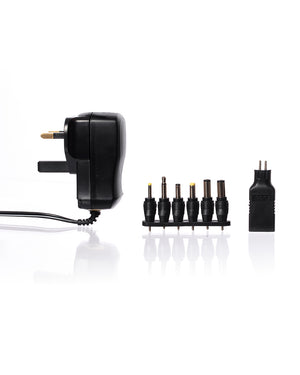 Black power adapter with multiple plug heads on a white background