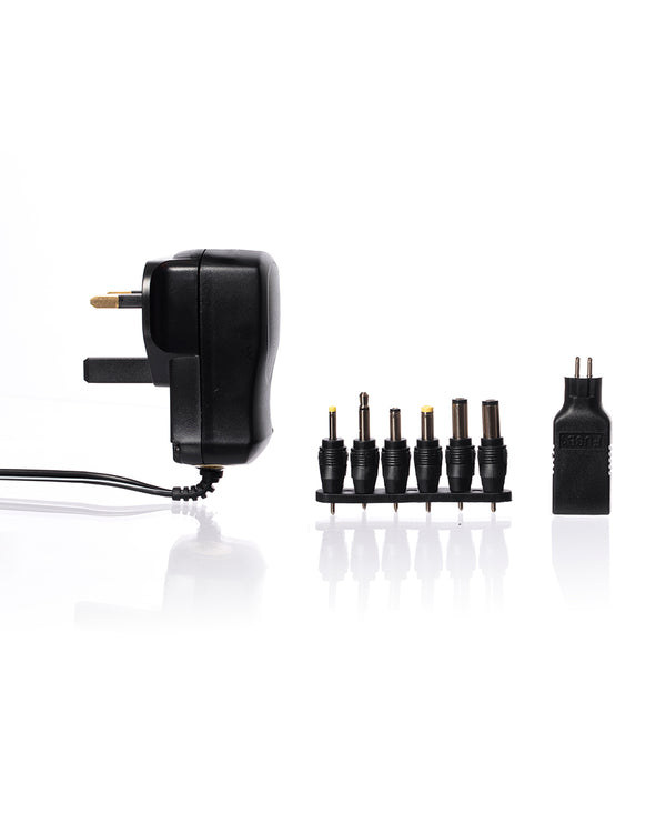 Black power adapter with multiple plug heads on a white background