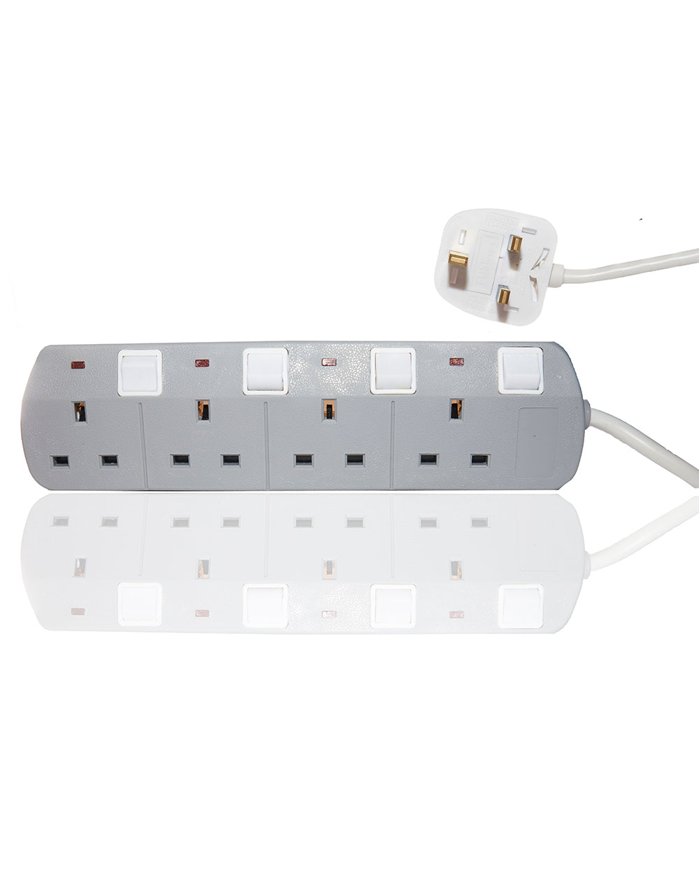 Gray power strip with multiple outlets on a white background