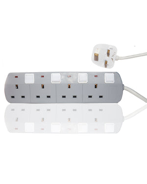 Gray power strip with multiple outlets on a white background