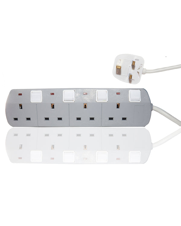 Gray power strip with multiple outlets on a white background
