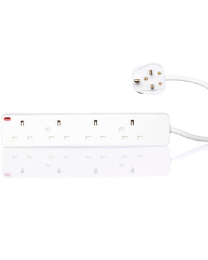 White power strip with multiple outlets on a white background