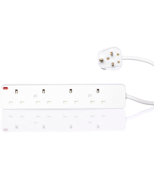 White power strip with multiple outlets on a white background