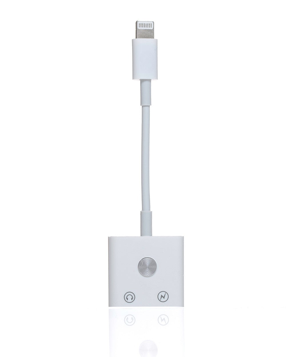 White electronic adapter with lightning connector on a white background