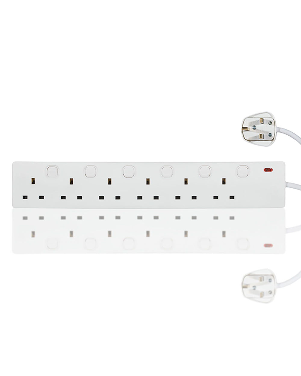 White power strip with multiple outlets on a white background
