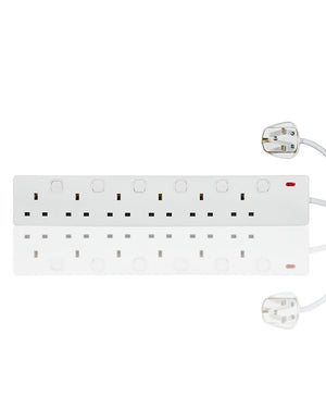 White power strip with multiple outlets on a white background