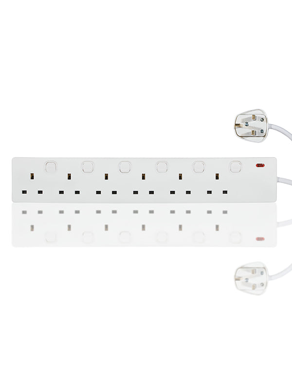 White power strip with multiple outlets on a white background